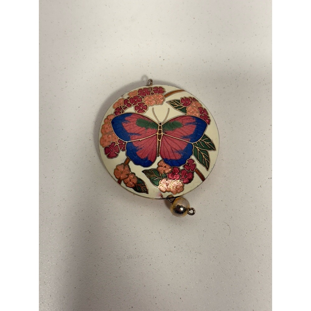 Vintage White Pink Tone Cloisonné Floral & Butterfly Double sided Round Pendant